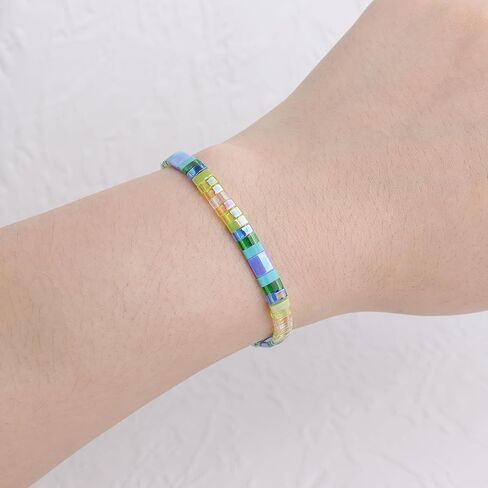 Sonateomber Tila Flat Beaded Stretch Bracelets for Women, Trendy Unique Handmade Stackable Mixed Colorful Square Beads Miyuk Link Bracelet Summer Jewelry Gift in Saudi Arabia