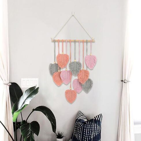 Jaeskeclip المنسوجة أوراق الجدار شنقا، مكرامية ورقة الجدار شنقا، مع سلسلة المفاتيح اليدوية الغزل المنسوجة الفن ورقة نسيج 35x15 بوصة ديكور لغرفة النوم شقة غرفة المعيشة (الوردي) in Kuwait