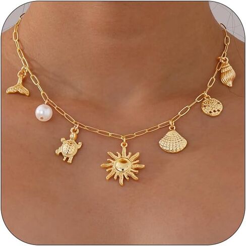Charm Necklace for Women, 14K Gold Plated Shell Sun Starfish Summer Beach Necklace 16+3" Paperclip Chain Jewelry Gifts in Kuwait