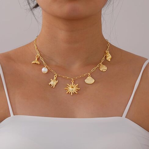Charm Necklace for Women, 14K Gold Plated Shell Sun Starfish Summer Beach Necklace 16+3" Paperclip Chain Jewelry Gifts in Kuwait