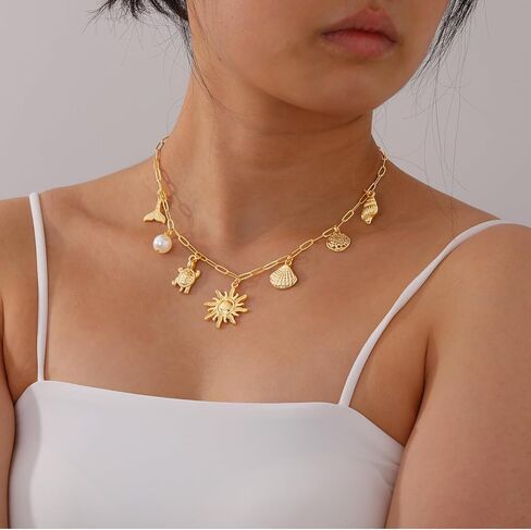 Charm Necklace for Women, 14K Gold Plated Shell Sun Starfish Summer Beach Necklace 16+3" Paperclip Chain Jewelry Gifts in Kuwait