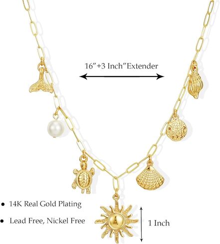 Charm Necklace for Women, 14K Gold Plated Shell Sun Starfish Summer Beach Necklace 16+3" Paperclip Chain Jewelry Gifts in Kuwait