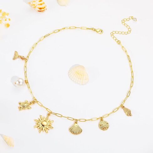 Charm Necklace for Women, 14K Gold Plated Shell Sun Starfish Summer Beach Necklace 16+3" Paperclip Chain Jewelry Gifts in Kuwait