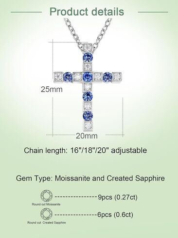 FWM Moissanite and Gemstone Cross Necklace for Women Men, 0.87 Carat Cross Pendant, Solid 925 Sterling Silver Chain Necklaces, 16"/18"/20" adjustable, Birthstone Jewelry, Anniversary Birthday Gifts in Saudi Arabia