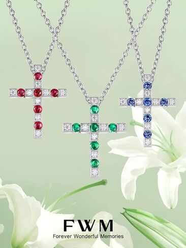 FWM Moissanite and Gemstone Cross Necklace for Women Men, 0.87 Carat Cross Pendant, Solid 925 Sterling Silver Chain Necklaces, 16"/18"/20" adjustable, Birthstone Jewelry, Anniversary Birthday Gifts in Saudi Arabia