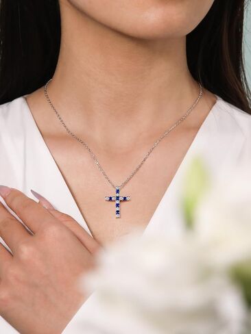 FWM Moissanite and Gemstone Cross Necklace for Women Men, 0.87 Carat Cross Pendant, Solid 925 Sterling Silver Chain Necklaces, 16"/18"/20" adjustable, Birthstone Jewelry, Anniversary Birthday Gifts in Saudi Arabia