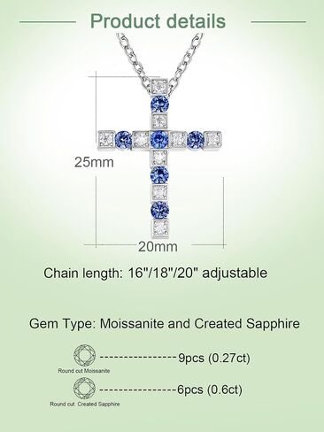FWM Moissanite and Gemstone Cross Necklace for Women Men, 0.87 Carat Cross Pendant, Solid 925 Sterling Silver Chain Necklaces, 16"/18"/20" adjustable, Birthstone Jewelry, Anniversary Birthday Gifts in Saudi Arabia
