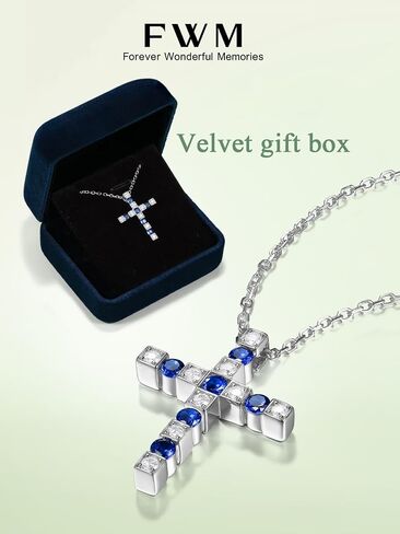 FWM Moissanite and Gemstone Cross Necklace for Women Men, 0.87 Carat Cross Pendant, Solid 925 Sterling Silver Chain Necklaces, 16"/18"/20" adjustable, Birthstone Jewelry, Anniversary Birthday Gifts in Saudi Arabia