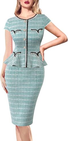 VFSHOW Womens Buttons Peplum Work Business Office Professional Patchwork Pencil Sheath Dress in Saudi Arabia
