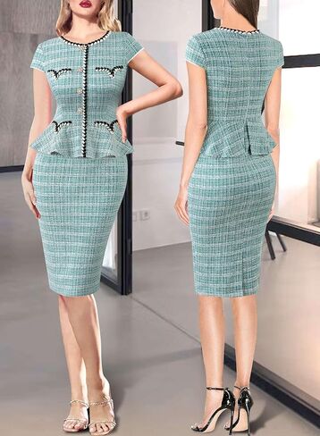 VFSHOW Womens Buttons Peplum Work Business Office Professional Patchwork Pencil Sheath Dress in Saudi Arabia