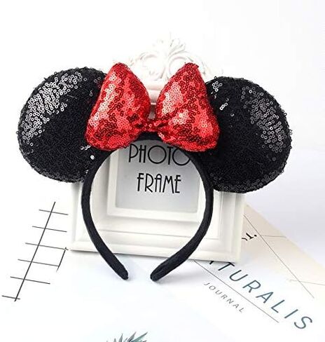 A Miaow 3D Black Mouse Sequin Ears Headband MM Glitter Butterfly Hair Clasp Park Supply Adults Women Photo Accessory (Black and Red) in Kuwait
