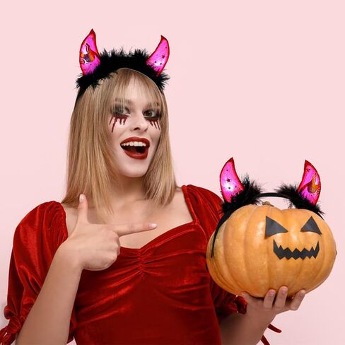 Gangel Light Up Halloween Headbands LED Devil Horns Headband Glittering Cow Horn Headpiece Festive Hair Accessories for Women in Saudi Arabia