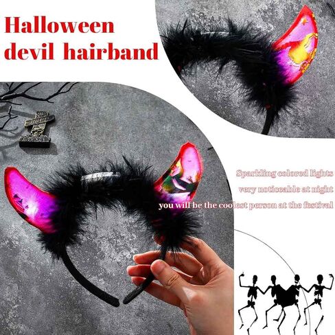 Gangel Light Up Halloween Headbands LED Devil Horns Headband Glittering Cow Horn Headpiece Festive Hair Accessories for Women in Saudi Arabia