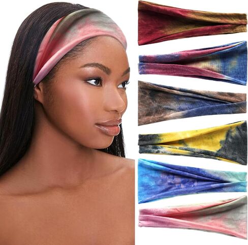 6 Pack Boho Headbands for Women Tie Dye Short Head Bands for Women's Hair Elastic Twist Knotted Head Wraps Soft Fabric Head Bands Yoga Running Workout Bandanas Headbands Accessories in Kuwait