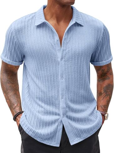 Runcati Men's Casual Button Down Shirts Short Sleeve Textured Shirt Summer Beach Tops in Saudi Arabia