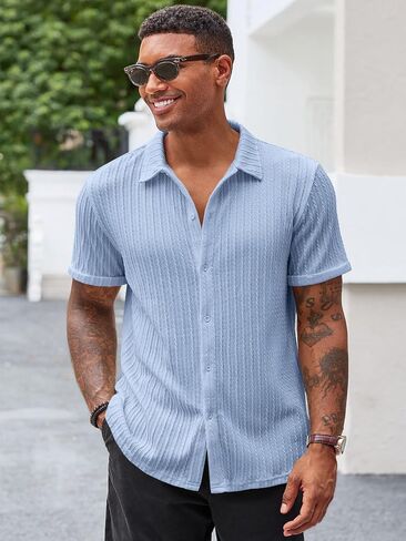Runcati Men's Casual Button Down Shirts Short Sleeve Textured Shirt Summer Beach Tops in Saudi Arabia