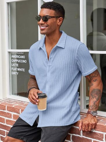 Runcati Men's Casual Button Down Shirts Short Sleeve Textured Shirt Summer Beach Tops in Saudi Arabia