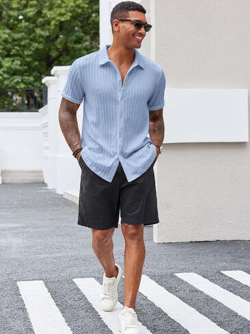 Runcati Men's Casual Button Down Shirts Short Sleeve Textured Shirt Summer Beach Tops in Saudi Arabia