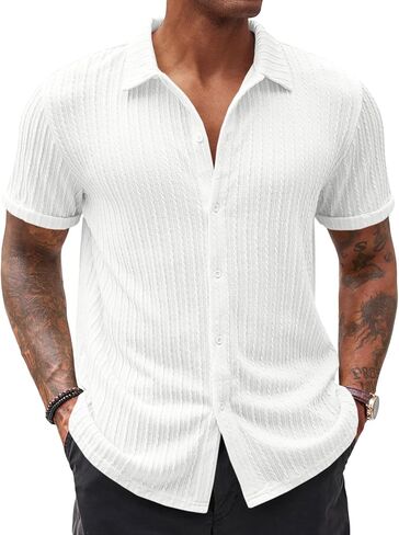 Runcati Men's Casual Button Down Shirts Short Sleeve Textured Shirt Summer Beach Tops in Saudi Arabia