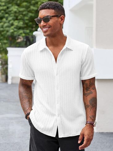 Runcati Men's Casual Button Down Shirts Short Sleeve Textured Shirt Summer Beach Tops in Saudi Arabia