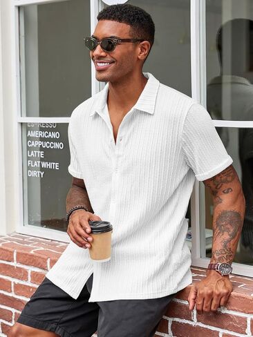Runcati Men's Casual Button Down Shirts Short Sleeve Textured Shirt Summer Beach Tops in Saudi Arabia