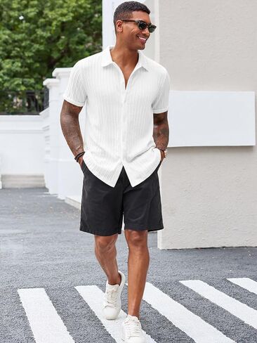 Runcati Men's Casual Button Down Shirts Short Sleeve Textured Shirt Summer Beach Tops in Saudi Arabia