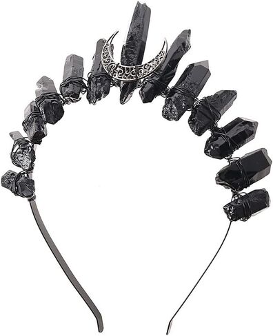 Bubbmi Women Black Crystal Crown Headband, Raw Quartz Tiara Moon Goddess Witch Wiccan Headpiece for Halloween Cosplay Masquerade Party in Kuwait