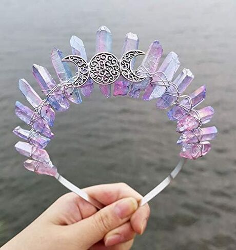 Bubbmi Women Black Crystal Crown Headband, Raw Quartz Tiara Moon Goddess Witch Wiccan Headpiece for Halloween Cosplay Masquerade Party in Kuwait