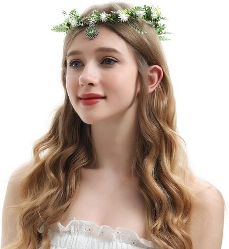 Bubbmi Elf Costume Flower Crown Headband with Pendant, Woodland Forest Crown Fairy Goddess Tiara, Festival Party Headpiece for Women in Kuwait