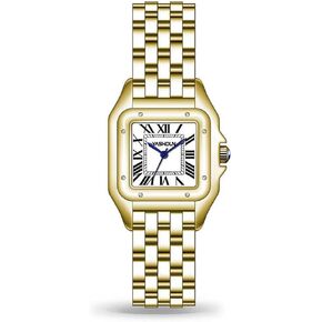 Women's Watches Tonneau Shaped Dial Quartz Watches Stainless Steel Strap Fashionable Women's Watches (All Gold)