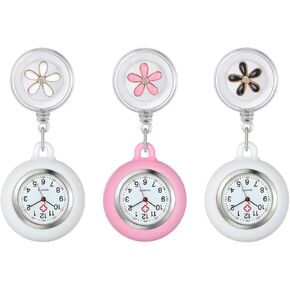 Lots of 3 Retractable Nurse Watch with Second Hand for Nurses Doctors Clip-on Lapel Hanging Nurse Watches Cute Leaves Pattern Silicone Cover Badge Stethoscope Fob Pocket Watch for Women and Men