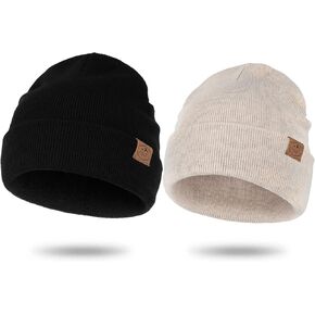 XURIGOX Ribbed Beanie Knit Hats-Merino Wool Warm Cuffed Cap-Winter Stocking Beanie Hat for Women&Men-Toboggan Cap (Quadrangle Type, Black+Stone)