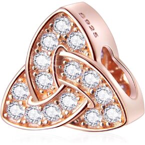 Rose Gold Celtic Trinity Knot Charms, fit Pandora St Patricks Day Bracelet, Sterling Silver Infinity Knotted Heart Charm, Ireland Shamrock CZ Beads, Gifts for Auntie/Best Friend