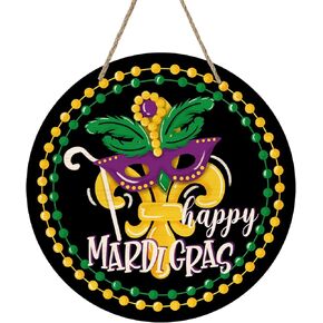Deroro Happy Mardi Gras Sign Front Door Decor, Fleur De Lis Mask Beads New Orleans Carnival Outside Outdoor Porch Wood Door Hanger, Masquerade Wooden Wreath Plaque Indoor Wall Hanging Decorations