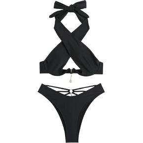 SweatyRocks Women's Two Piece Bathing Suit Criss Cross Halter Underwire Bikini High Cut Swimsuit