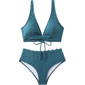 SweatyRocks Women's 2 Piece Bathing Suit Deep V Neck Drawstring Bikini Set High Waist Scallop Trim Swimsuit