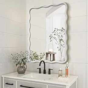 White Wavy Mirror Solid Wood- Squiggly Mirror Vanity Mirror Wall Decor Modern Mirror Wall Decor for Bathroom, Bedroom, Living Room, Dining Room, Cloakroom, Entryway