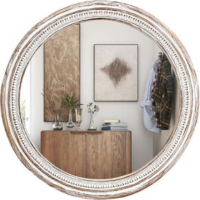 Round Mirror 24 inch Circle Mirrors for Wall Decor, Rustic Farmhouse Wood Mirrors for Bathroom Boho Decorative Wall Mounted Mirror for Living Room, Entryway, Bedroom, Hallway