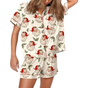 Juakoso Women Christmas Pajamas Short Sets Trendy Print Button Down Lounge Sets Slik Satin 2 Piece Sets Y2k Sleepwear Pjs
