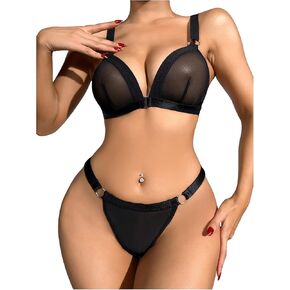 MakeMeChic Women's 2 Piece Lingerie Set Ring Linked Mesh Sheer Bra and Thong Nightwear