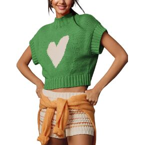Cap Sleeve Sweater Tank Tops for Women Mock Neck Sweater Vest Cute Heart Knit Cropped Pullover Top