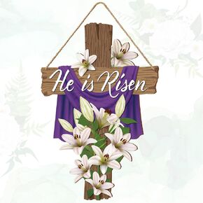 Queekay He is Risen Door Sign 13.8 x 9.1 Inch Easter Decorations Religious Easter Wooden Hanging Wall Decorations He is Risen Easter Wooden Cross Hanger Sign for Front Door Spring Outdoor Decoration