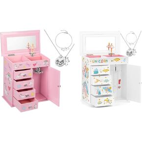 Upgrade Jewelry Box for Girls 5-Layer with Swing Door Spinning Ballerina Unicorn &Castle Design Unicorn Jewelry Set