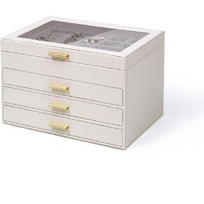 Jewelry Box with Clear Lid, 4-Layer Jewelry Organizer, 3 Drawers Large Capacity for Necklace Earrings Rings Storage, Gift for Women, Cream White