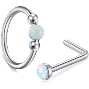 MODRSA 18g Nose Ring Opal Nose Ring Opal Nose Stud L Shaped Opal Nose Hoop Clicker Silver Gold Nose Rings for Women Cartilage Hoop Earring Cartilage Hoop Helix Hoop Earring White Daith Earring Hoop