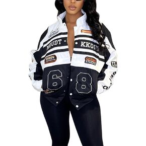CALEBGAR Women Varsity Jacket Motorcycle Detachable Letter Graphic Racer Vintage Colorblock Baseball Coats Streetwear