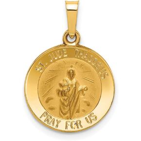 Hollow Saint Jude Thaddeus Pray For Us Words on Round Medal Pendant in Real 14k Gold