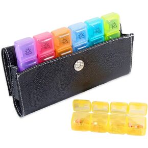 Weekly Pill Organizer Box Case Travel Medication Reminder Daily AM PM, Day Night 7 Open Lid Compartments in Leather Carrying Case