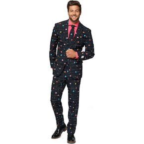 Opposuits Men's Suit - PAC-Man Pixel Arcade Game Costume - Slim Fit - Black - Includes Blazer, Pants and Tie