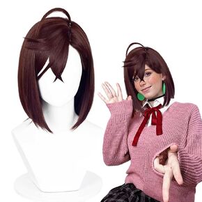 Aicos Momo Ayase Cosplay Wig Short Red Brown Straight Wig with Bangs for Halloween Dandadang Costume Party Wig